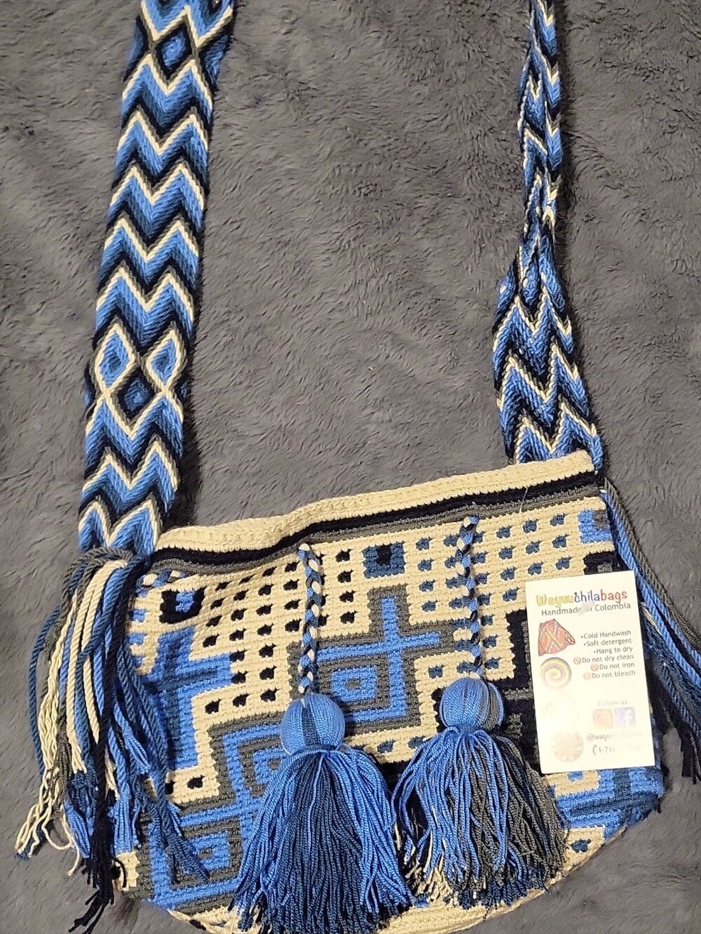 Wayuu-Inspired Blue and Cream Crossbody Bag with Braided Strap